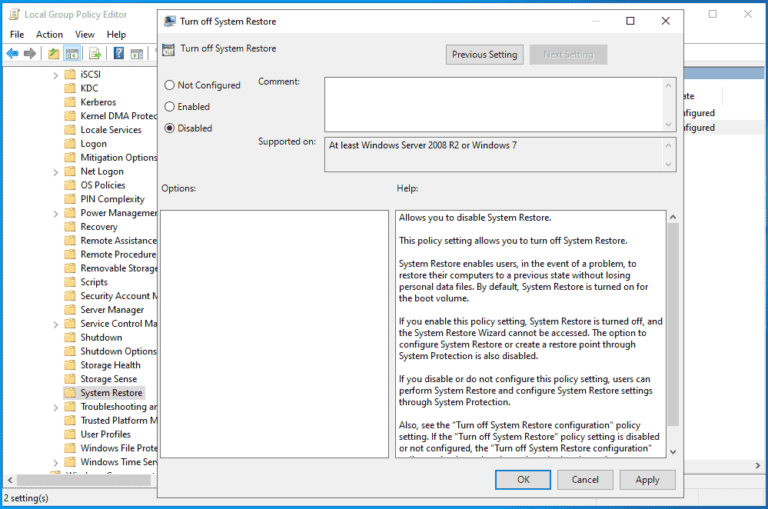 create restore point windows server 1