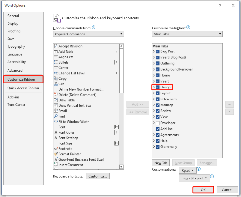 missing design tab in word 365 1