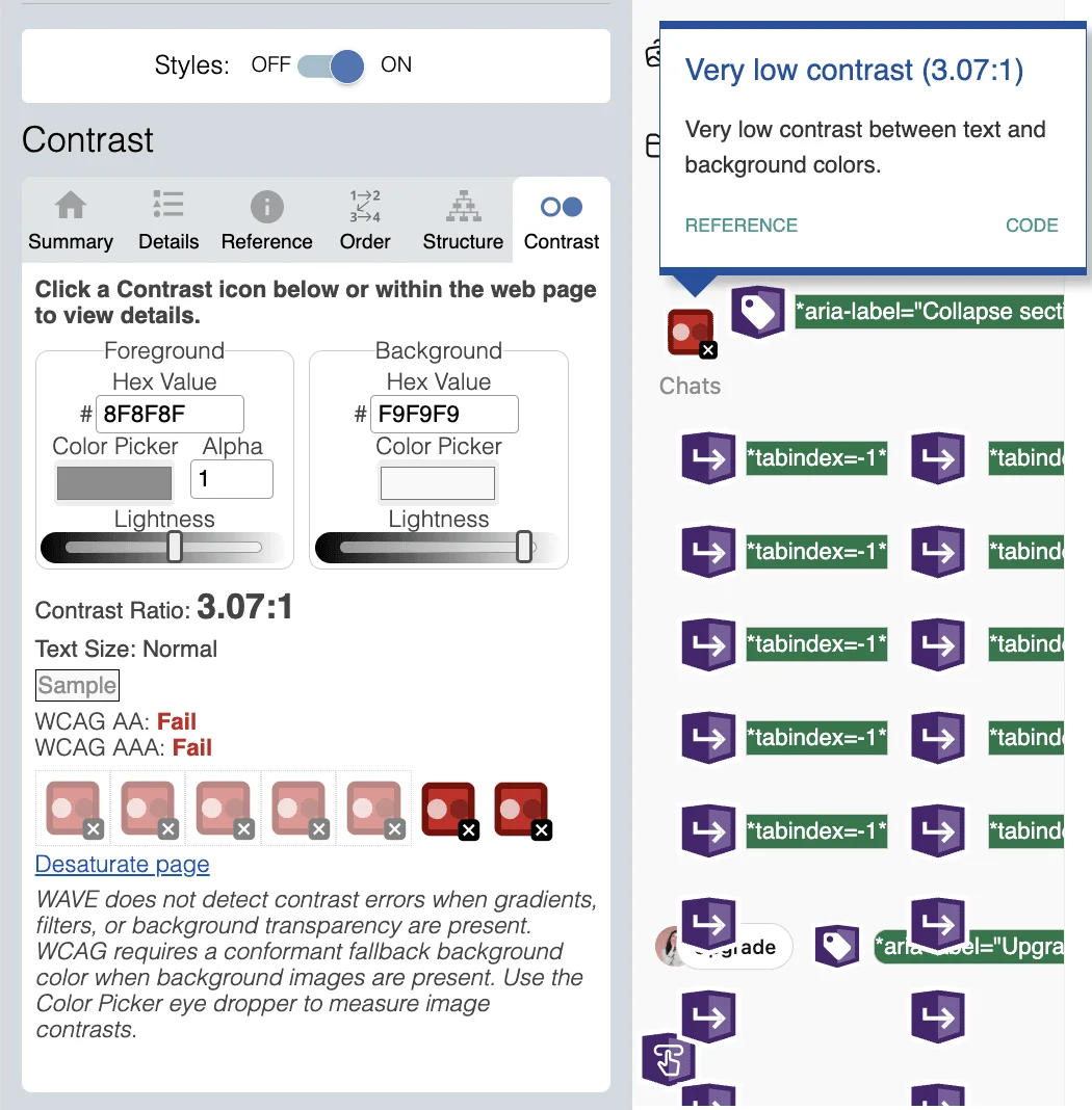Tab Contrast WAVE menunjukkan kesalahan kontras warna