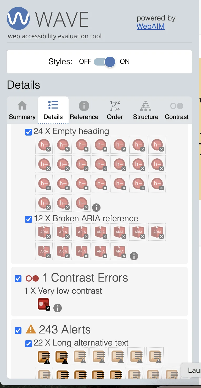 Tab Detail WAVE menunjukkan daftar masalah aksesibilitas