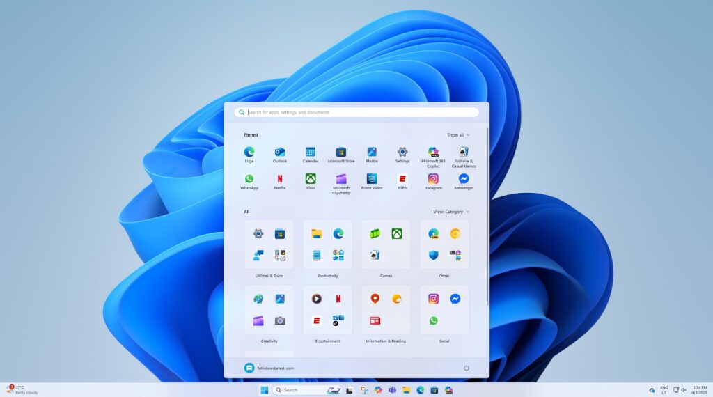 Tampilan Start Menu Konsep Windows 11