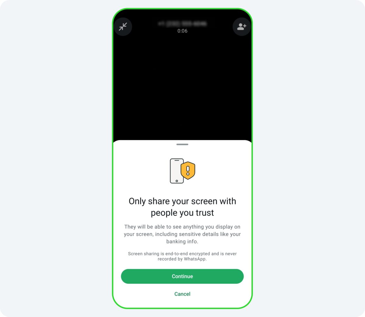 Ilustrasi peringatan berbagi layar WhatsApp untuk mencegah penipuan online