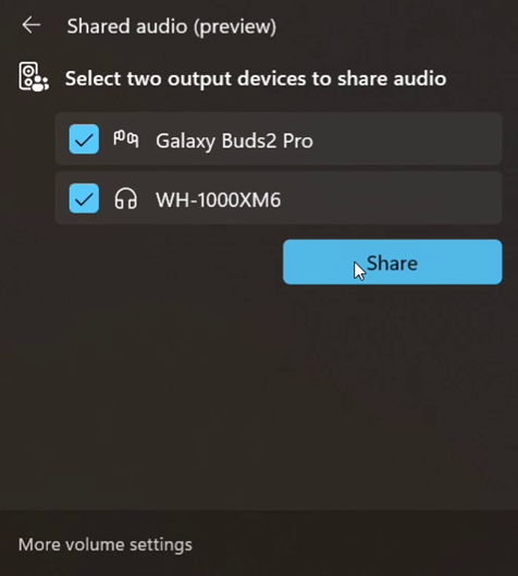 Tampilan Windows 11 Quick Settings dengan opsi Shared Audio aktif