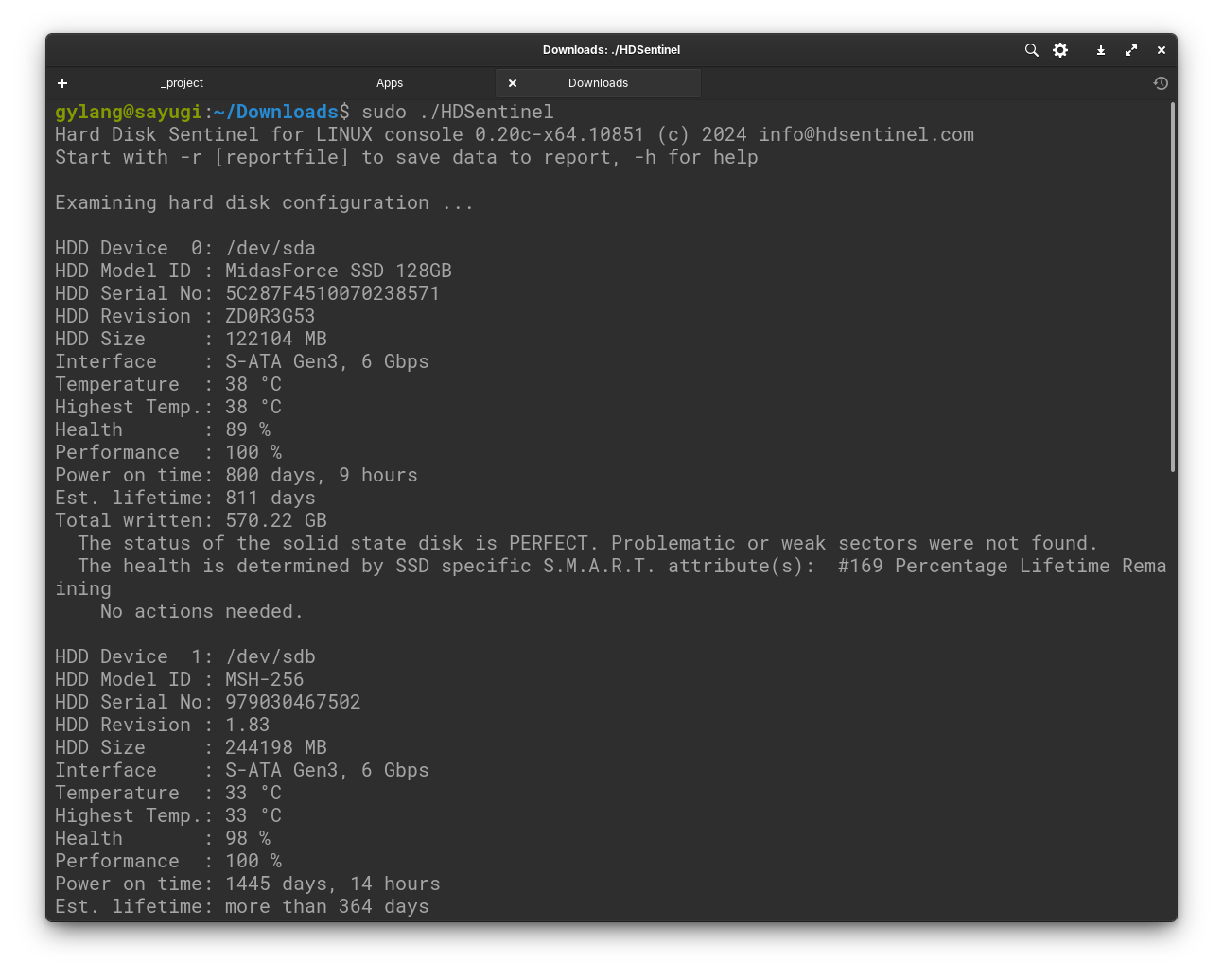 Output HDSentinel yang menunjukkan kesehatan SSD di Linux