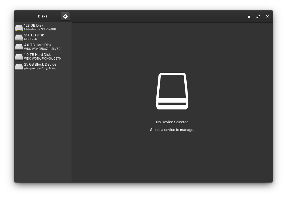 Antarmuka utama Gnome-Disk Utility di Linux