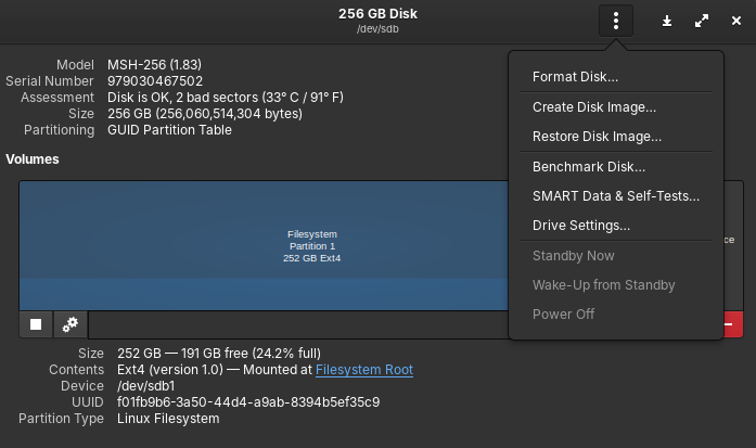 Menu SMART Data & Self-Test di Gnome-Disk Utility