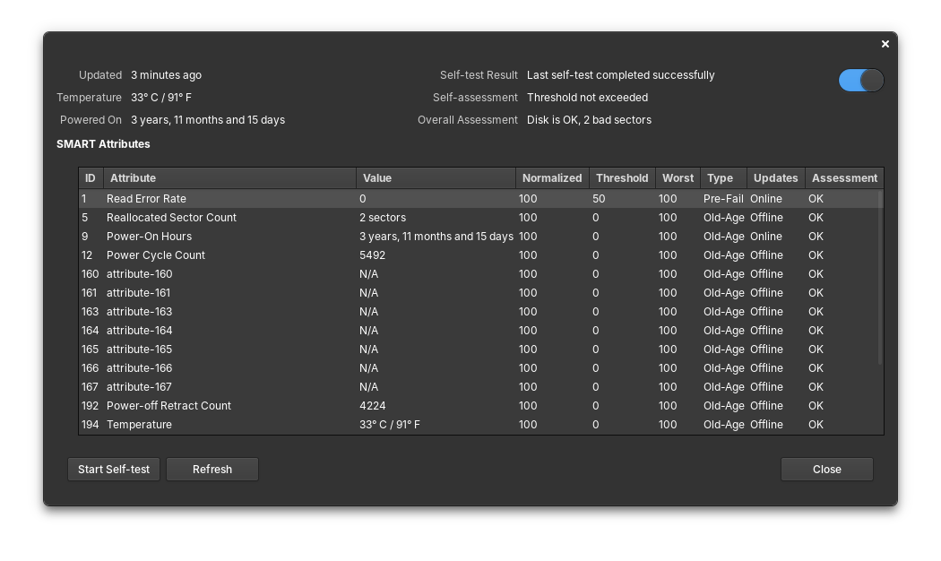 Tampilan data SMART dan hasil self-test di Gnome-Disk Utility