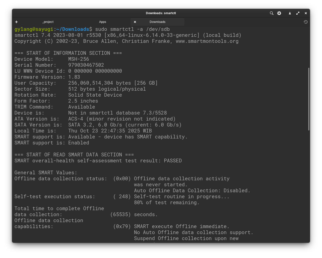 Output lengkap smartctl -a yang menunjukkan data SMART SSD