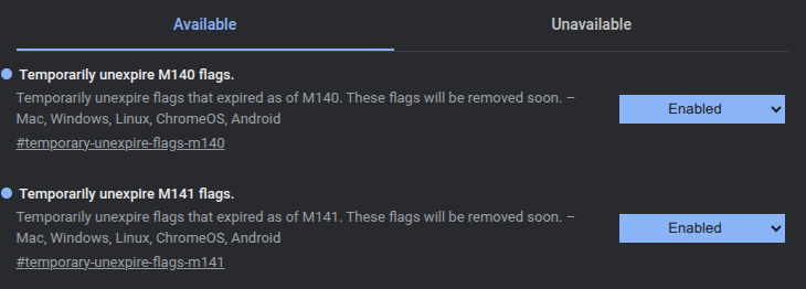 Tampilan pengaturan flag Chrome setelah penghapusan dukungan Manifest V2