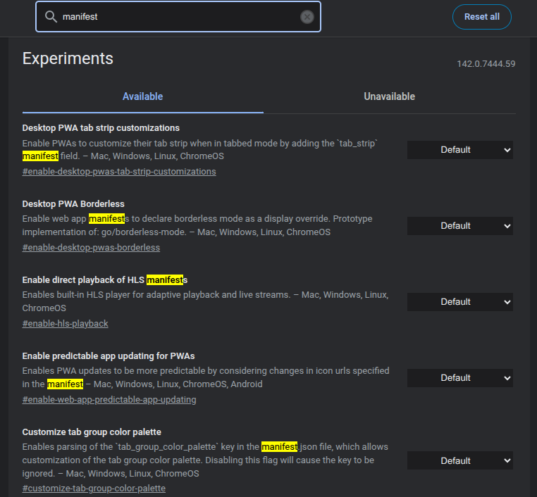 Tampilan lain dari pengaturan flag Chrome menunjukkan ketiadaan opsi Manifest V2