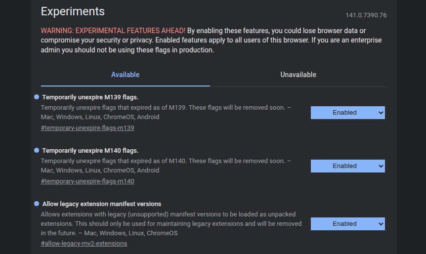 Screenshot halaman Chrome Flags untuk Manifest V2