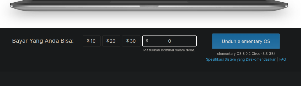 Halaman Unduh Elementary OS Menampilkan Opsi Pembayaran Nol