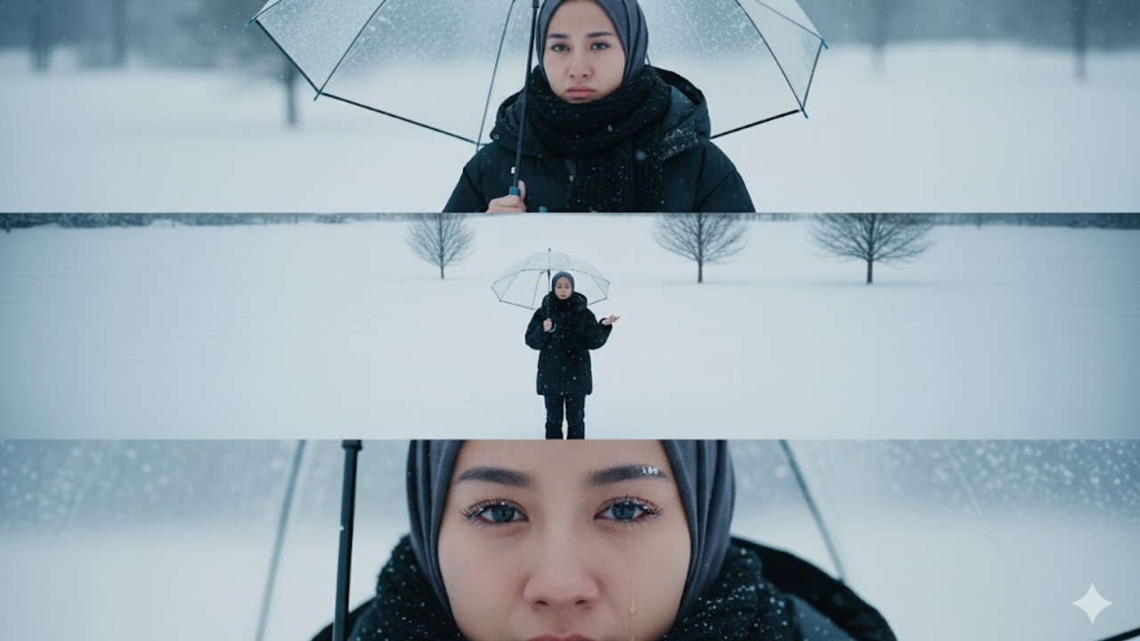 Potret wanita dengan latar belakang bersalju hasil Gemini AI