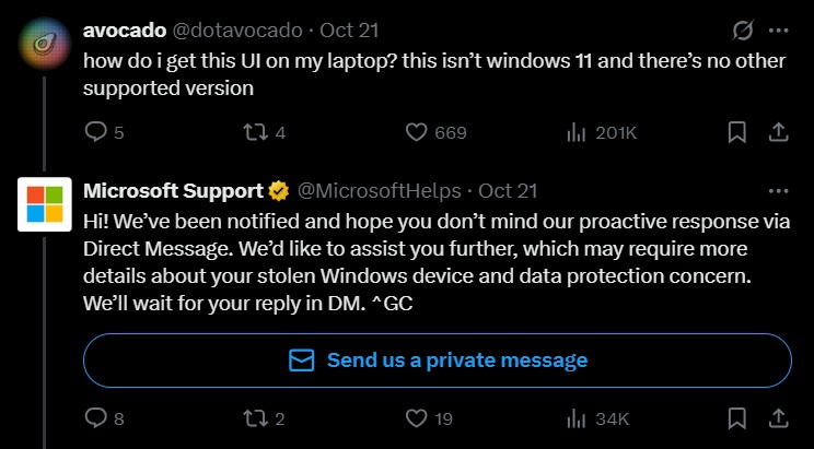 Kesalahan Bot Microsoft Support saat membahas Migrasi Windows 11