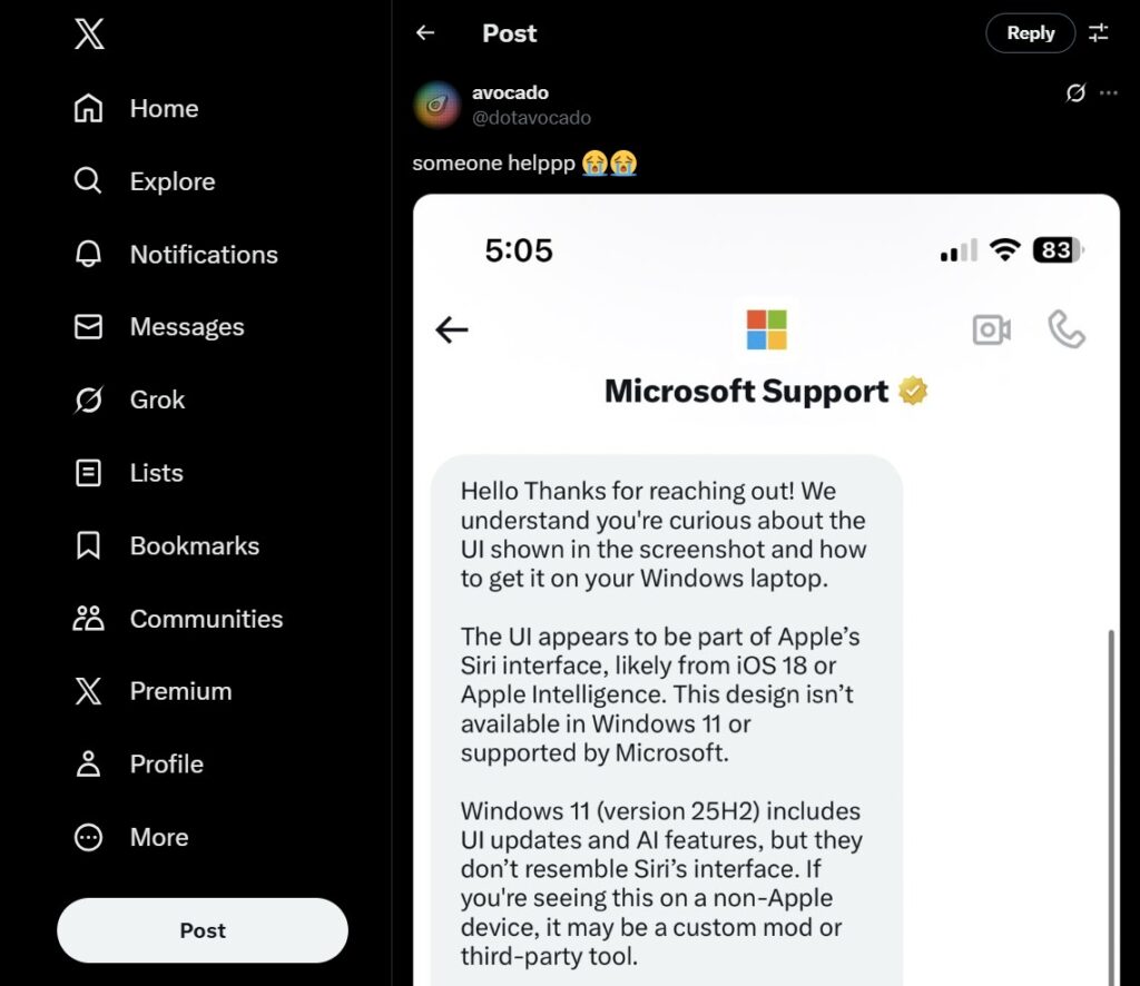 Bot Microsoft Support salah kaprah dengan Apple Siri Interface dalam konteks Windows