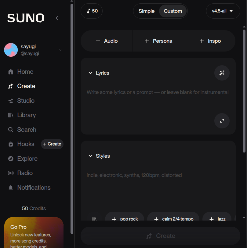 Antarmuka pembuatan musik di Suno AI