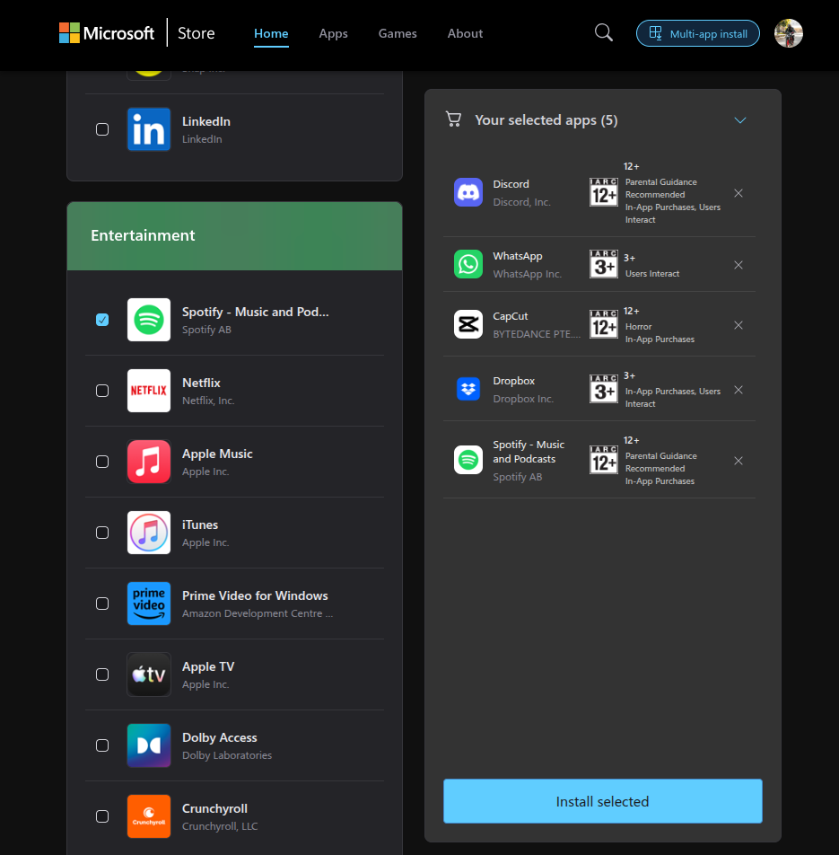Proses Pemilihan Aplikasi pada Multi-app Install Microsoft Store