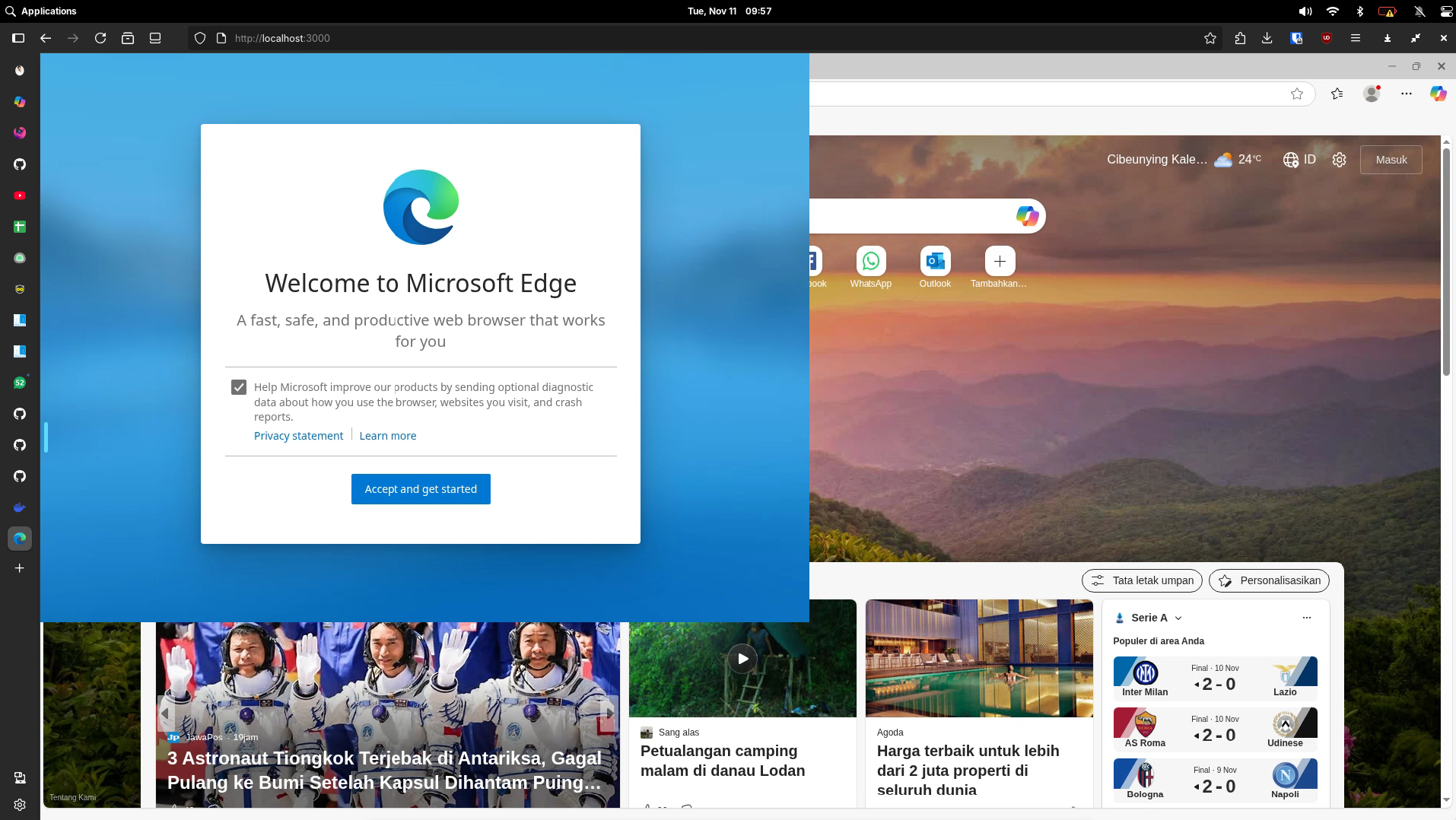 Microsoft Edge berjalan di dalam Firefox melalui antarmuka VNC