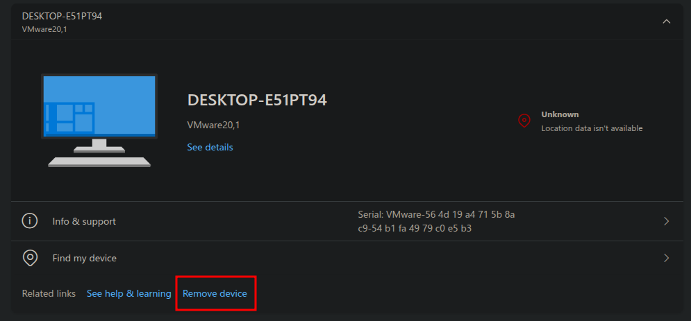 Opsi Hapus perangkat pada detail perangkat Microsoft