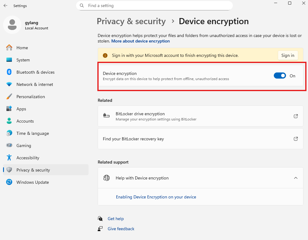 Pengaturan Device Encryption di Windows 11