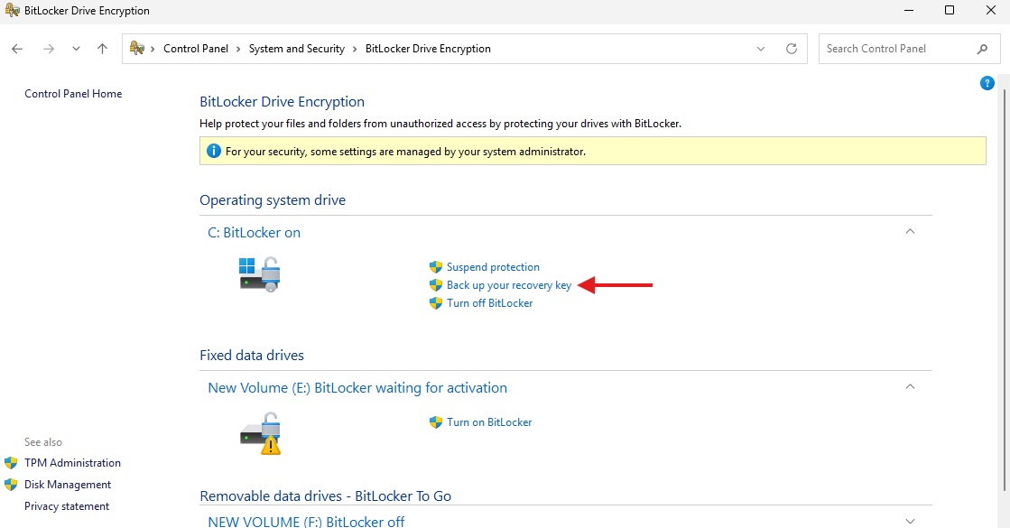 Opsi BitLocker Drive Encryption di Control Panel