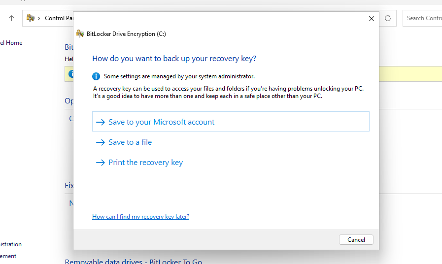 Pilihan backup BitLocker recovery key
