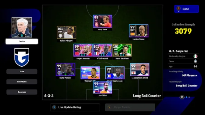 Diagram formasi 4-3-3 Long Ball Counter di eFootball 2026
