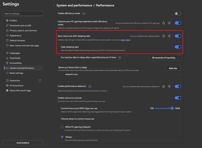 Antarmuka Microsoft Edge dengan fitur Sleeping Tabs