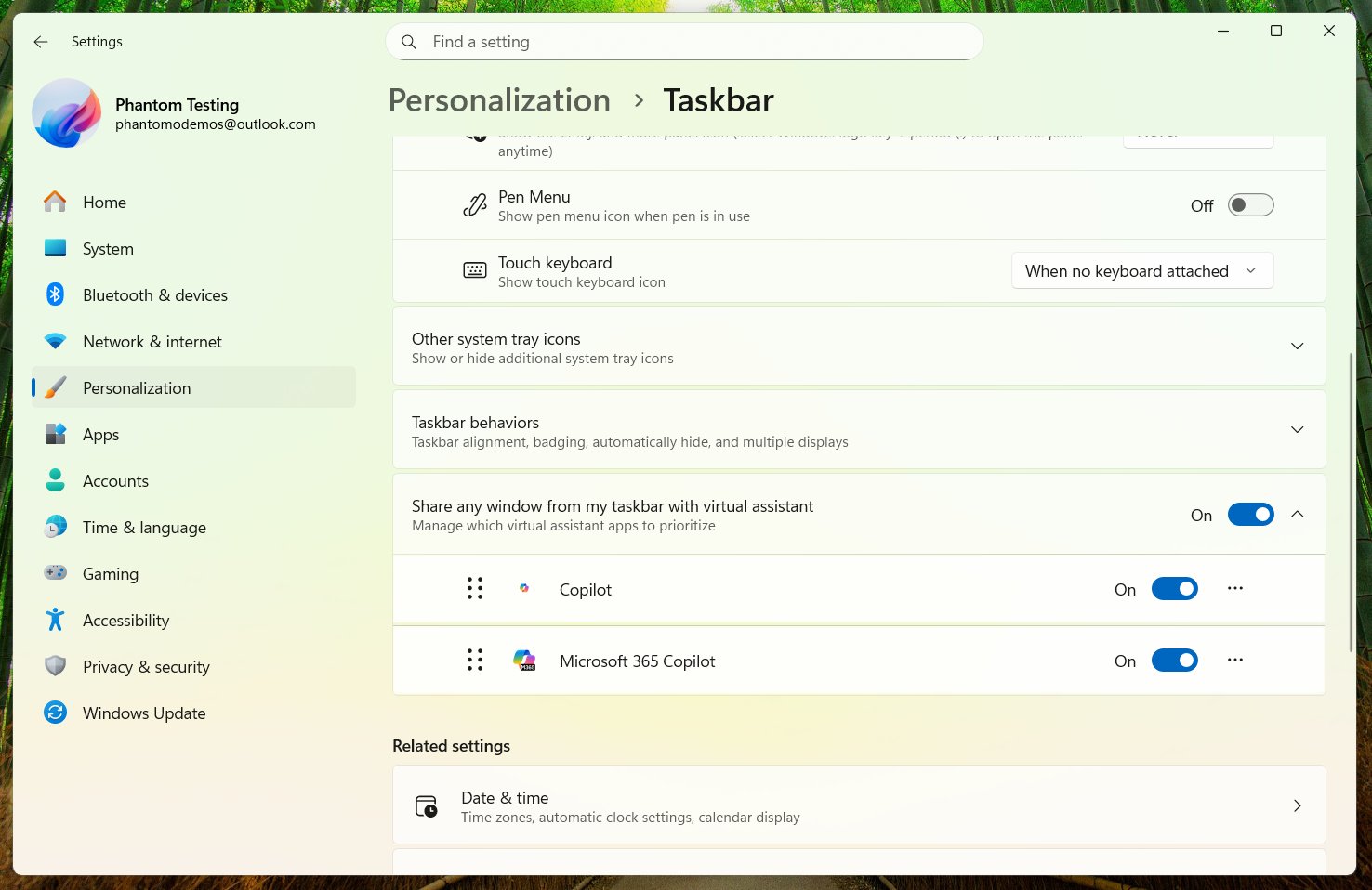 Tangkapan layar pengaturan Windows 11 untuk berbagi jendela aplikasi ke asisten virtual