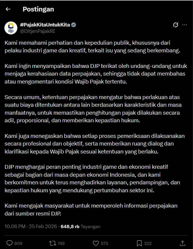 Tangkapan layar balasan Direktorat Jenderal Pajak di X