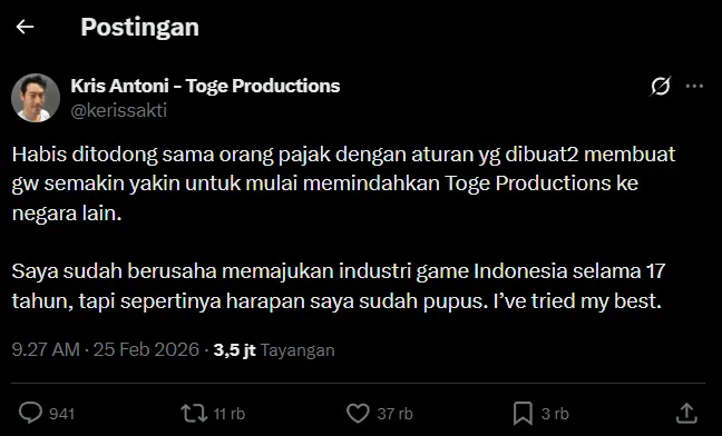 Tangkapan layar cuitan Kris Antoni Hadiputra di X tentang protes pajak