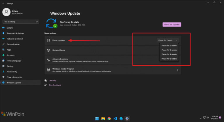 Tampilan menu Pause Update Windows 11 saat ini yang hanya menawarkan opsi minggu