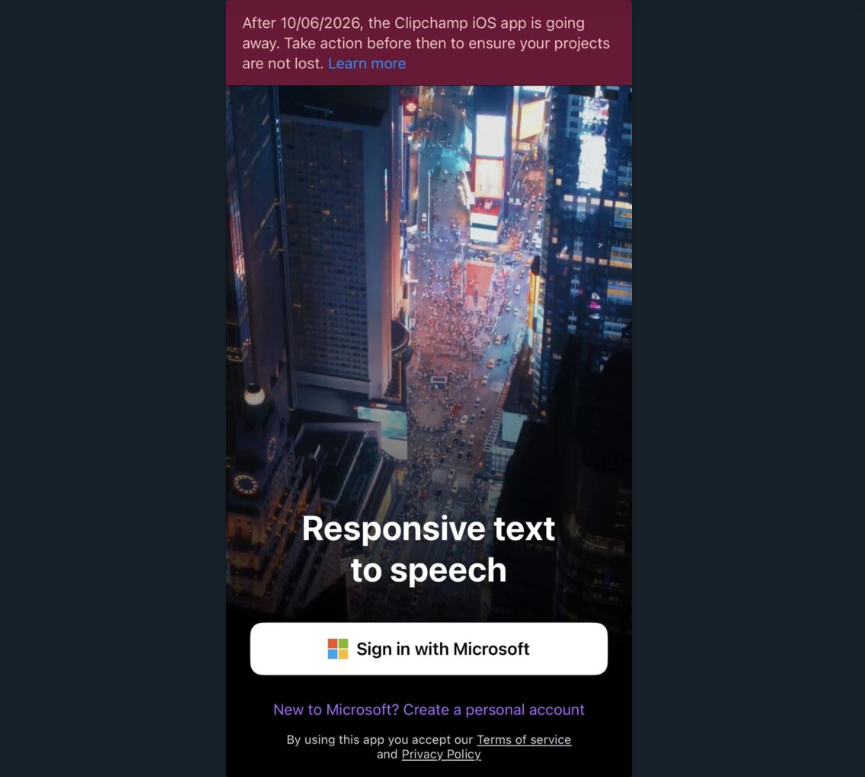Banner pemberitahuan penghentian aplikasi Clipchamp di iOS