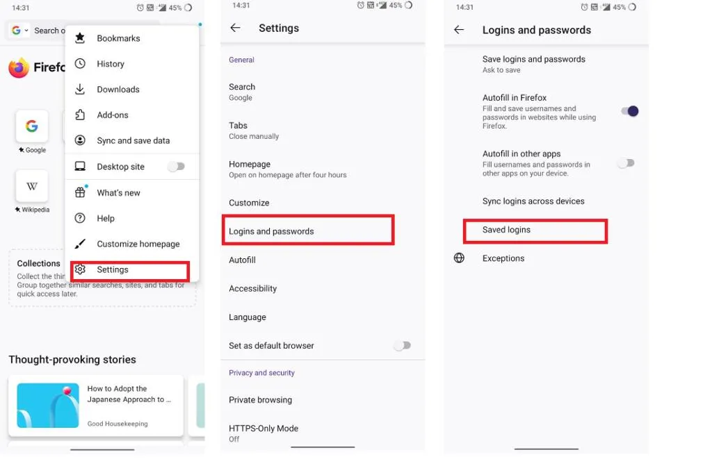 Tampilan menu Login dan Kata Sandi di browser Mozilla Firefox