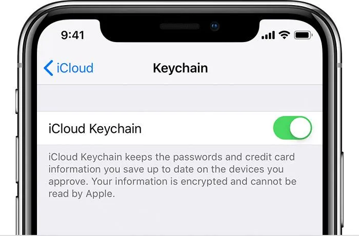 Tampilan menu pengaturan kata sandi iCloud Keychain di iPhone