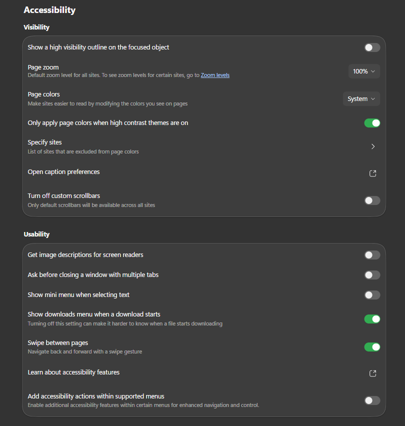Tampilan toggle pengaturan di Microsoft Edge yang menyerupai gaya iOS
