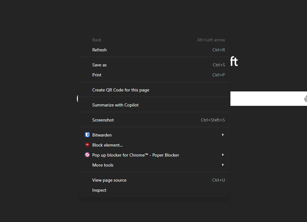 Tampilan menu konteks Microsoft Edge yang lebih bersih tanpa beberapa ikon
