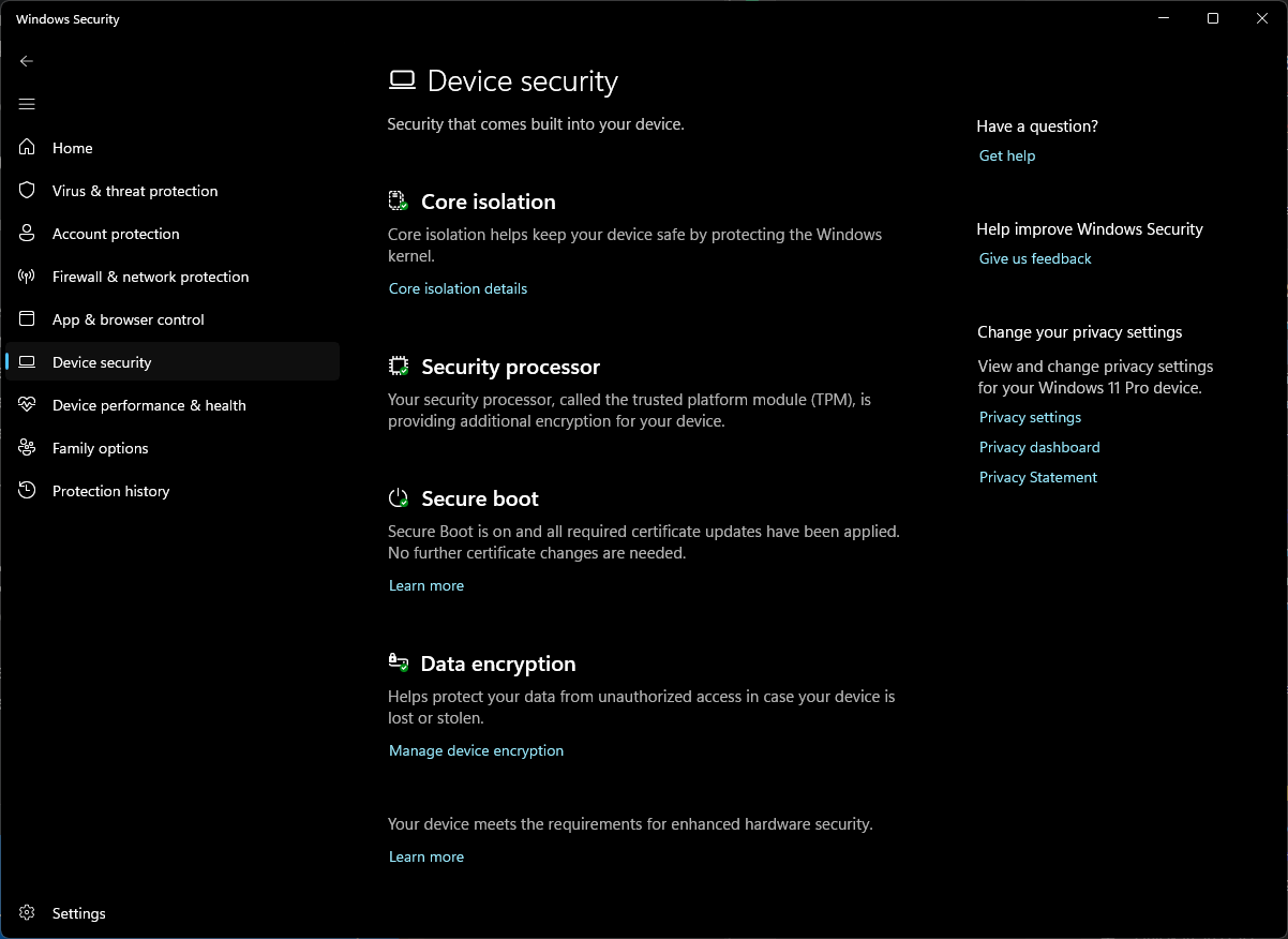 Tampilan status pembaruan sertifikat Secure Boot di Windows Security