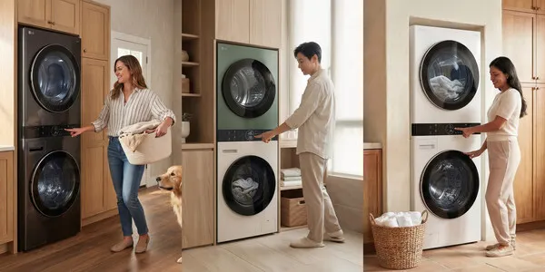 LG WashTower dengan detail panel kontrol dan desain vertikal