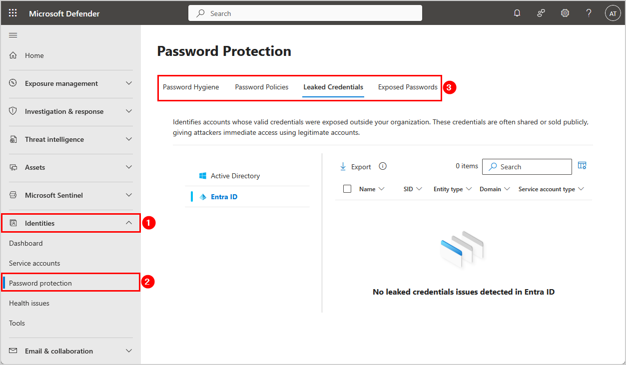 Password Protection Microsoft Defender - Perkuat Keamanan Identitas Organisasi Anda 2 Dasbor Password Protection di Microsoft Defender menunjukkan berbagai kategori risiko keamanan identitas