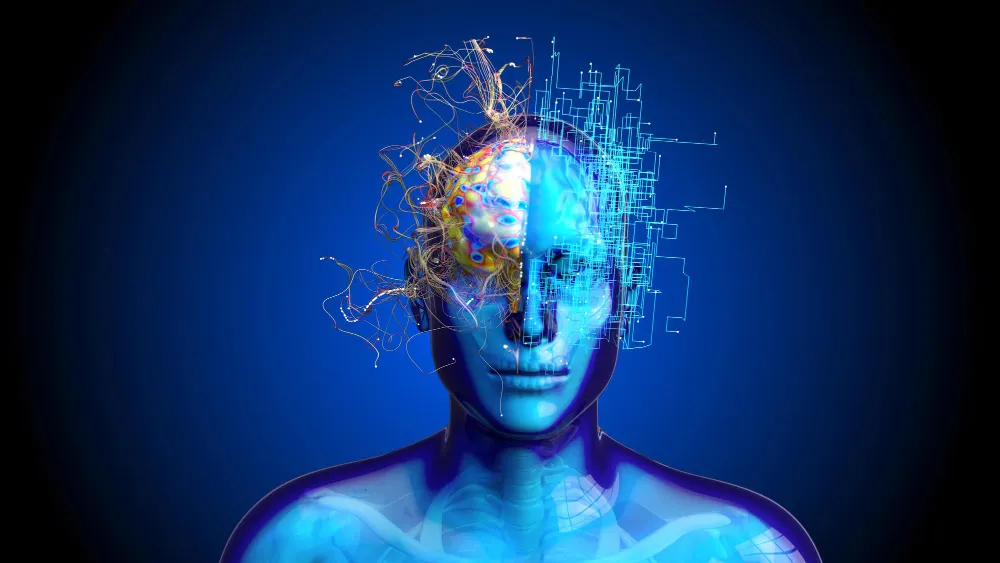 Ilustrasi otak manusia dan jaringan saraf AI