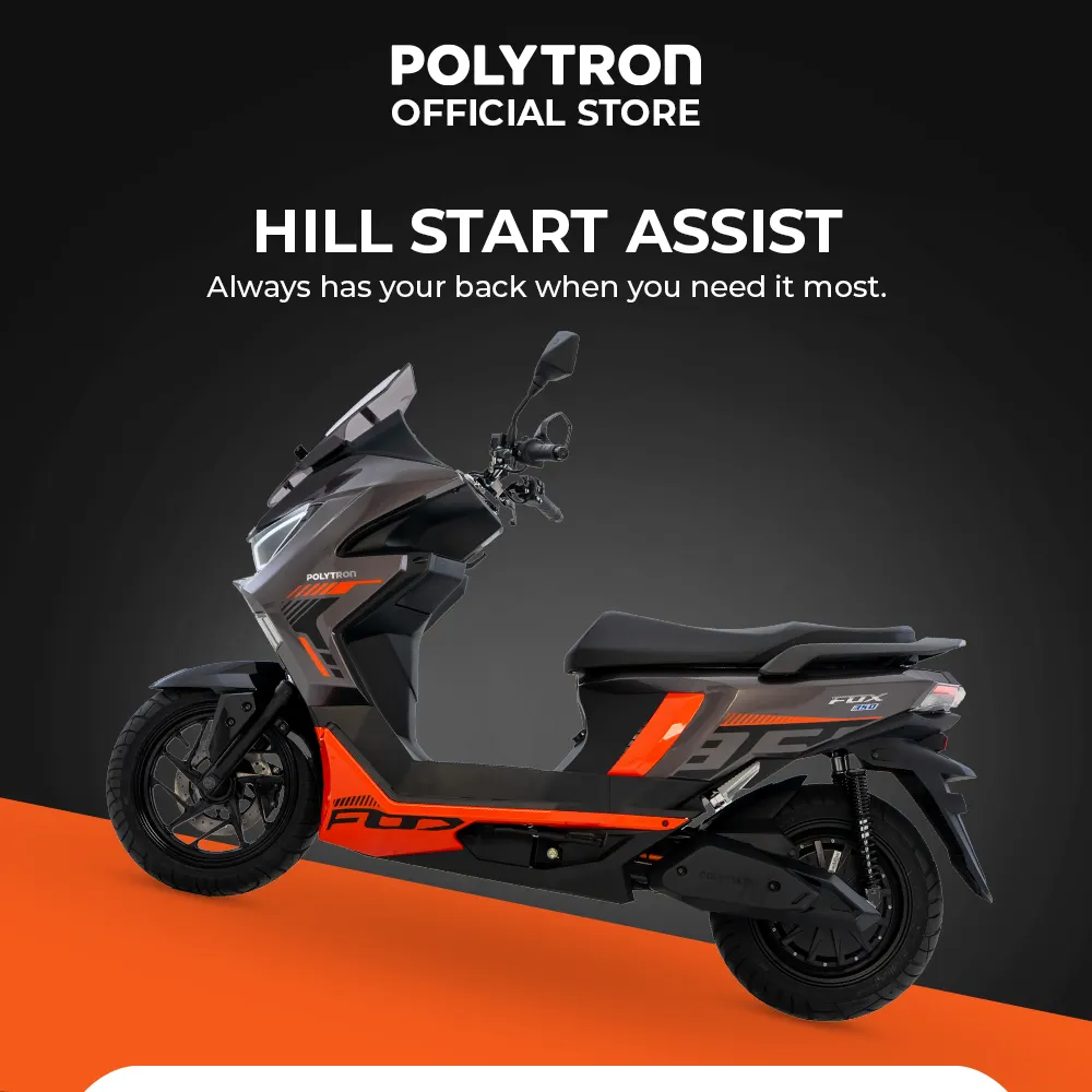 Dashboard motor listrik Polytron Fox 350 dengan layar digital dan fitur keyless