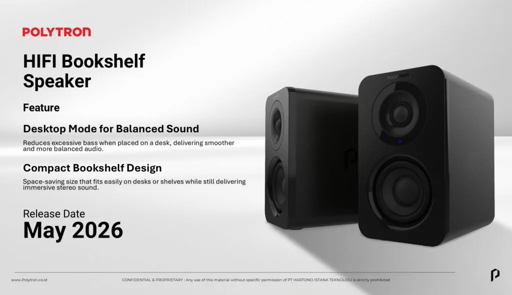 Dua model speaker Polytron, HIFI Bookshelf dan Bluetooth Portable, dengan latar belakang modern