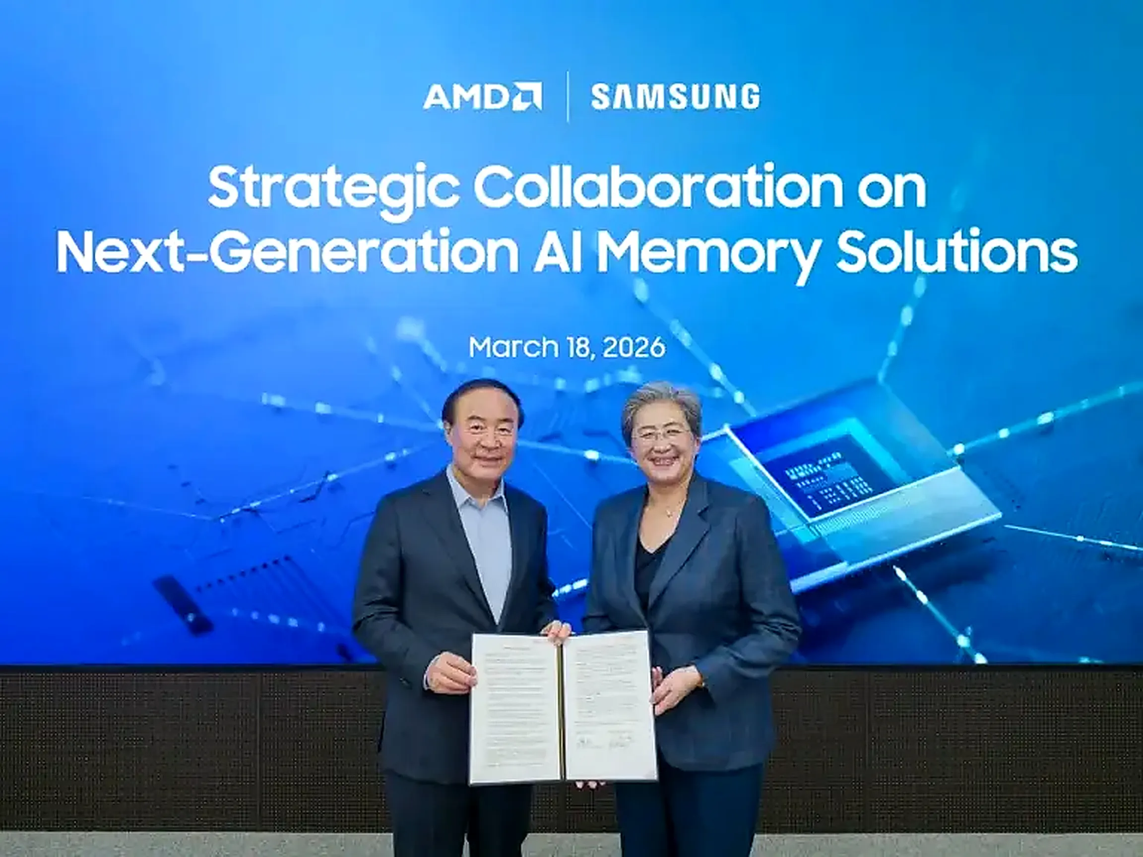 Logo Samsung dan AMD, melambangkan kemitraan strategis dalam pengembangan cip AI dan memori.
