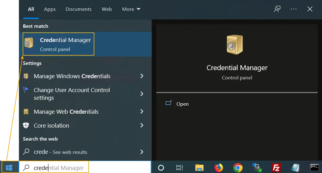 Antarmuka Windows Credential Manager untuk melihat kredensial