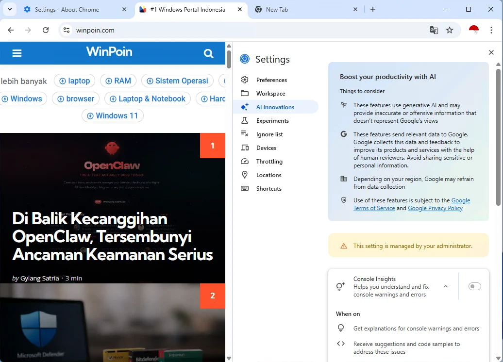 Contoh tampilan Google Chrome setelah fitur AI dinonaktifkan