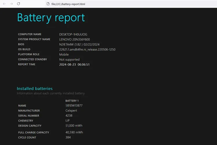 Antarmuka Command Prompt di Windows untuk laporan baterai