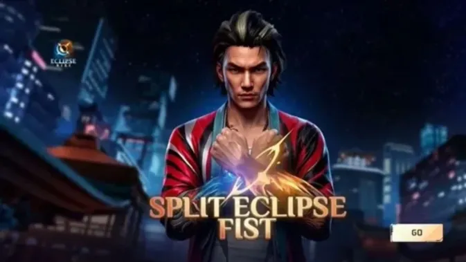 Karakter pria dengan rambut hitam dalam jaket merah menampilkan teknik Split dengan Eclipse Fist Skin