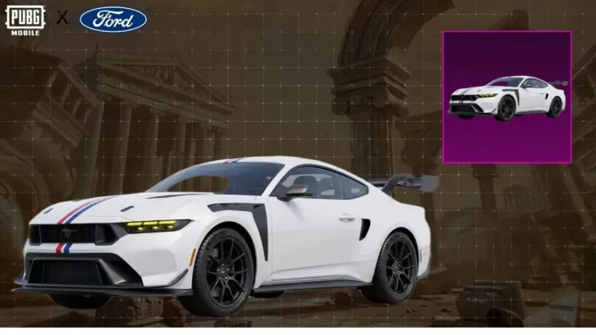 PUBG x Ford - Sensasi Balap dan Off-Road Eksklusif di PUBG MOBILE! 2 Ford Mustang GTD putih dengan garis racing merah biru di bodi mobil sport di PUBG Mobile