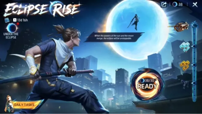 Karakter utama Free Fire Eclipse Rise dengan latar bulan besar dan kota futuristik